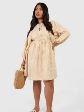 Boohoo Plus Stripe Textured Balloon Sleeve Smock Dress